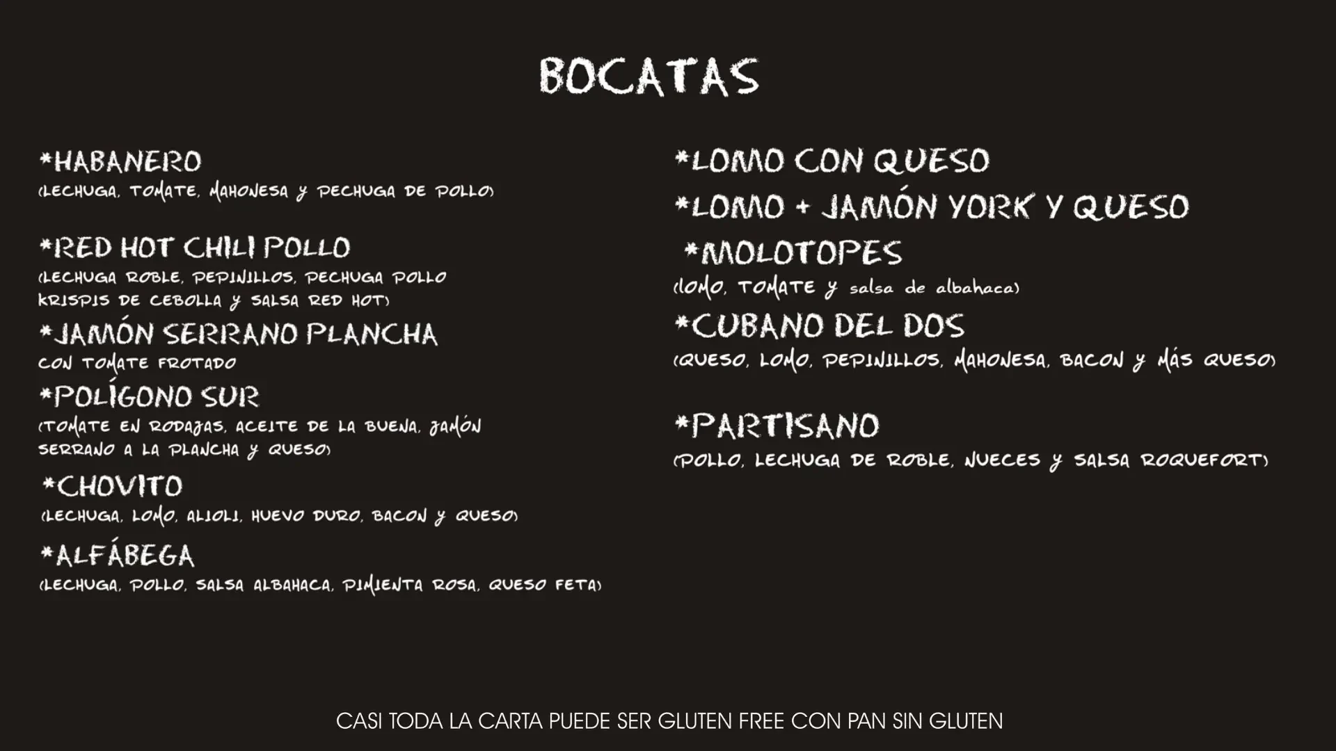 La carta de bocadillos calientes en el bar Dos Caballos de Sangüesa